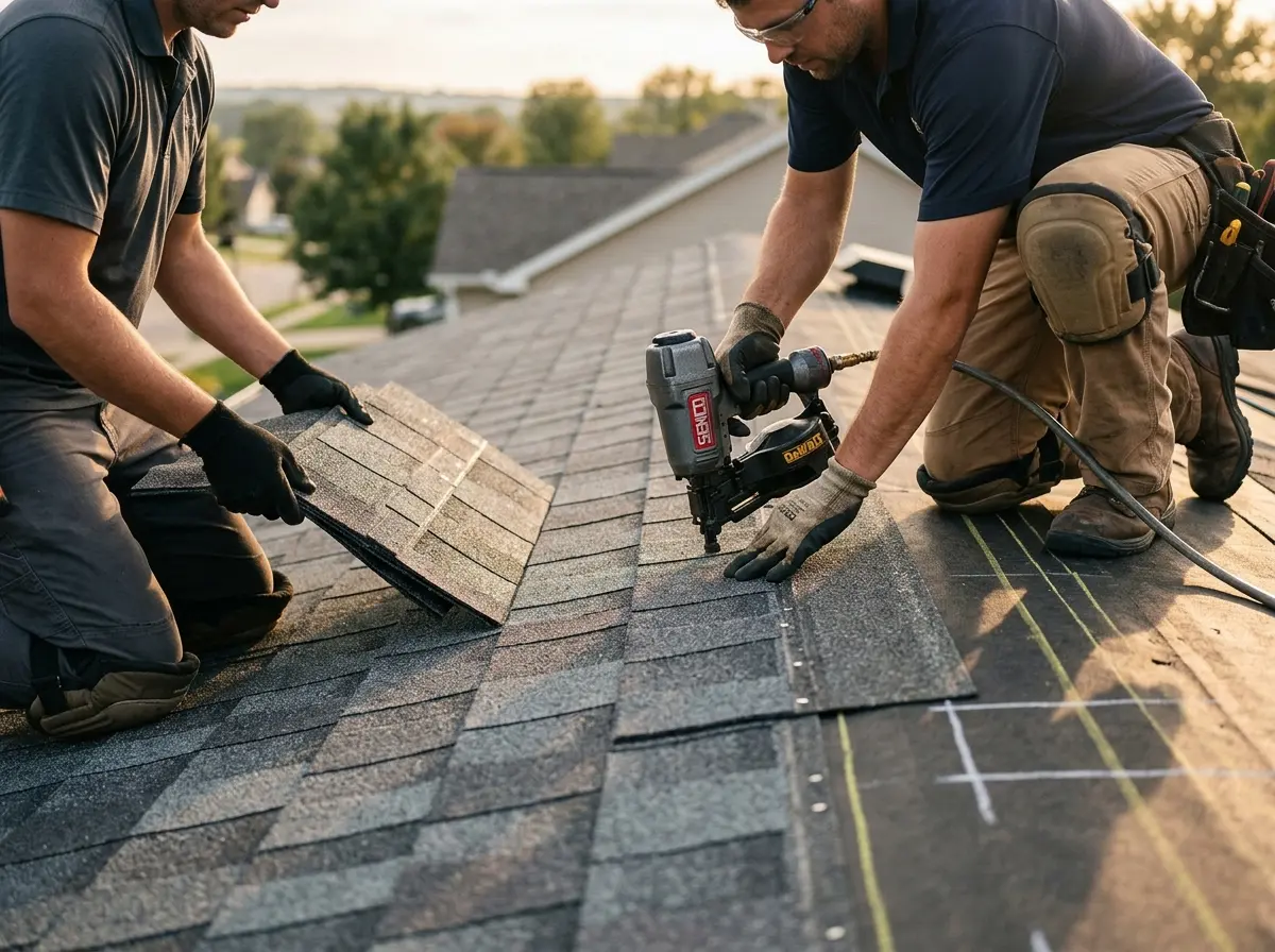 Professional roofer working on a residential roof in East Providence